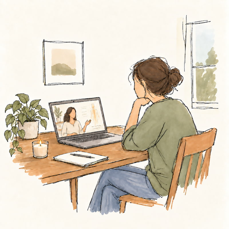 Illustration of a woman at a desk following an online CosmoEnergetica training on her laptop